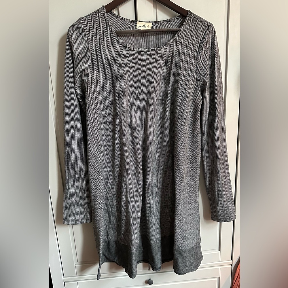 Grey Wooly Knee Length Dress with Elbow Patches